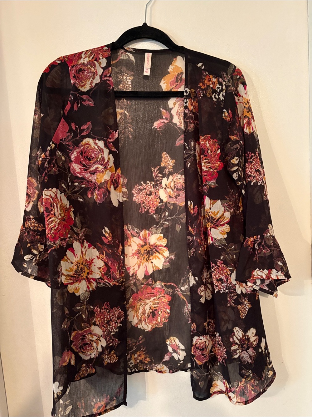 Xhilaration Black Sheer Floral Kimono with Pink & Gold Blooms